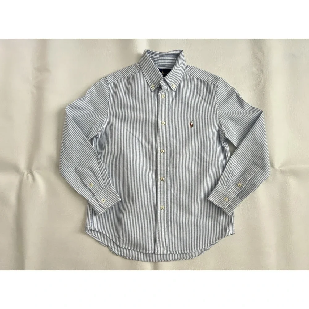 Ralph Lauren Blue White Striped Oxford Button Down Shirt Boys Sz 7 Pony Preppy